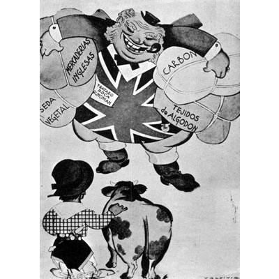 Caricatura de Valdivia alusiva a la vinculación argentino-británica. En Caras y Caretas.